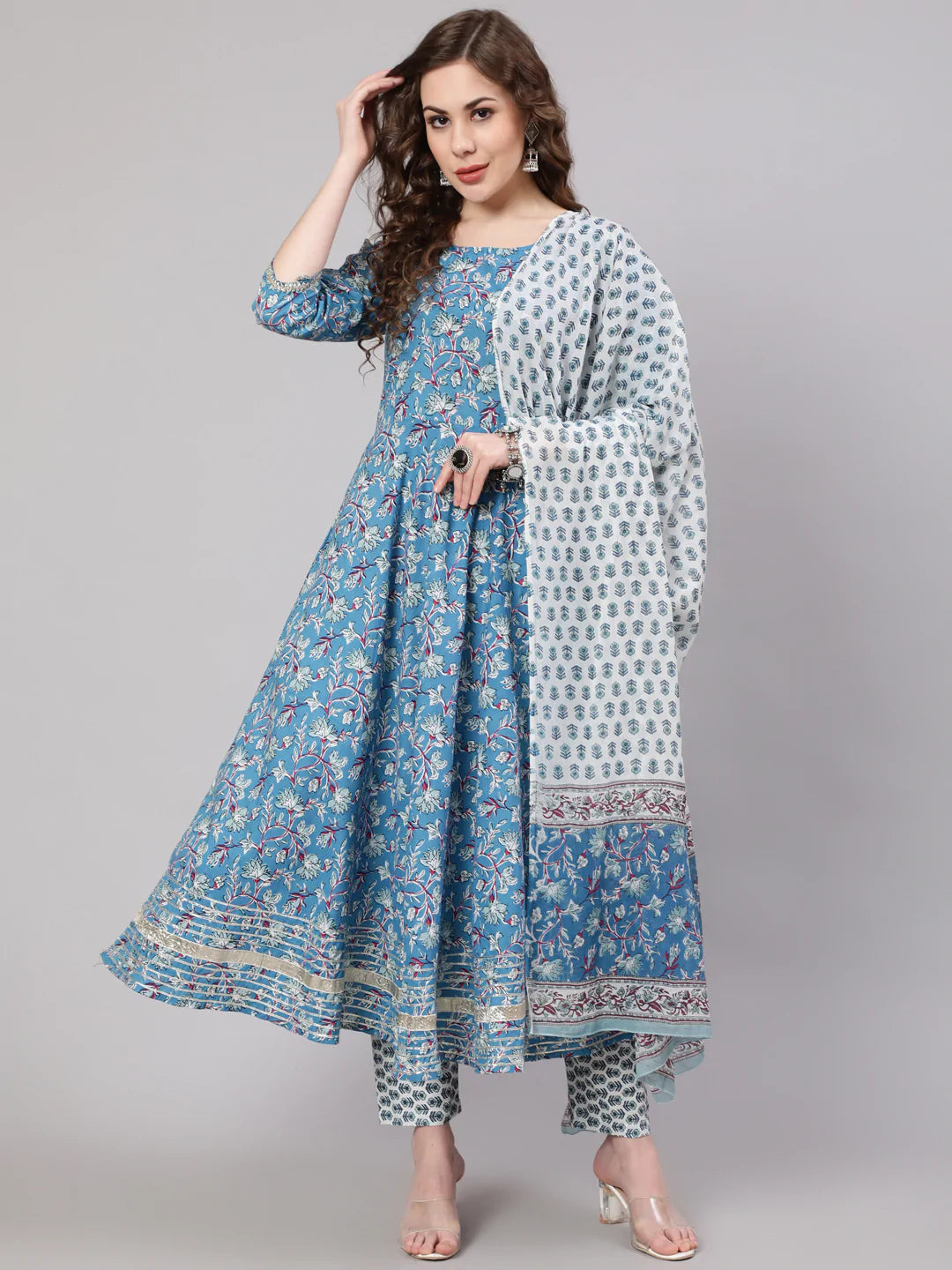 Women's Blue Printed Anarkali Kurta With Trouser And Dupatta - Nayo Clothing Trousers Brand Named Women's Blue Printed Anarkali Kurta With Trouser And Dupatta - Nayo Clothing Trousers Brand Named