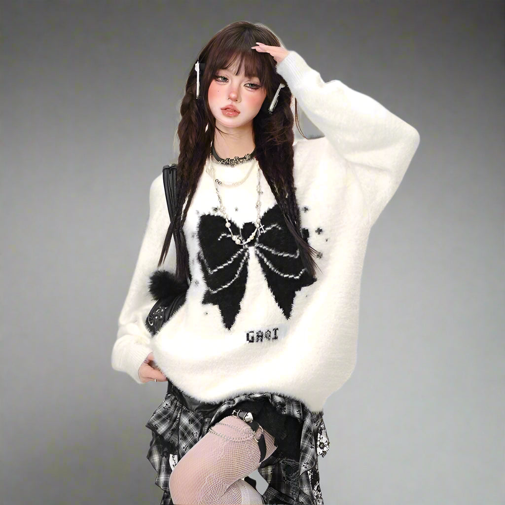 Harajuku Kawaii Knit Sweater - Y2K Loose Print Pullover for Women Button Front Sweater Harajuku Kawaii Knit Sweater - Y2K Loose Print Pullover for Women Button Front Sweater