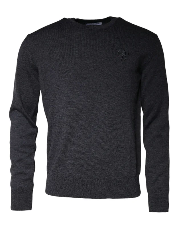 Dark Gray Wool Crew Neck Pullover Sweater Blouson Sleeve Pullover
