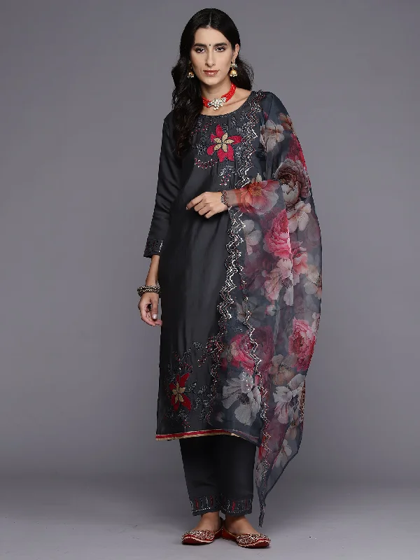 Women Grey Embroidered Straight Kurta Trousers With Dupatta Set Trousers stylish modern Women Grey Embroidered Straight Kurta Trousers With Dupatta Set Trousers stylish modern
