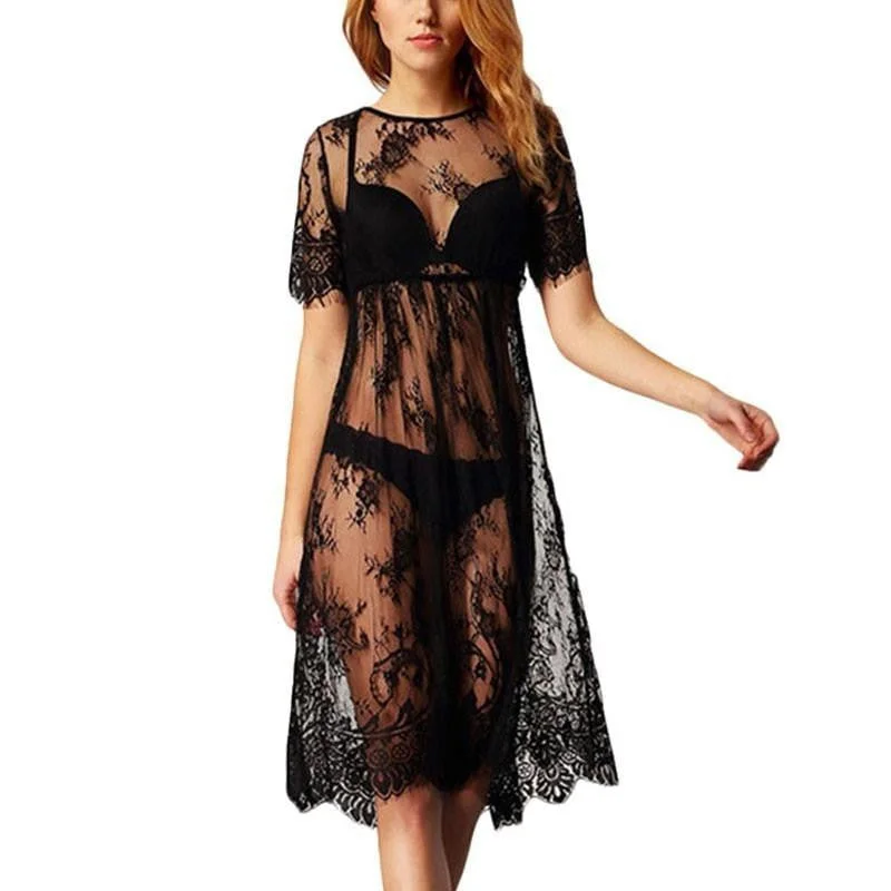 Summer Women Lace See Through Short Sleeve Black Beach Dress Ladies Casual Loose Vestidos Summer Women Lace See Through Short Sleeve Black Beach Dress Ladies Casual Loose Vestidos