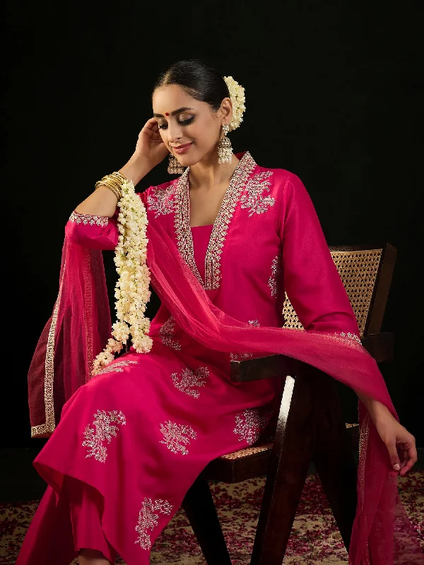 Women Magenta Embroidered Straight Kurta Trousers With Dupatta Set Trousers Recommended Stylist Women Magenta Embroidered Straight Kurta Trousers With Dupatta Set Trousers Recommended Stylist