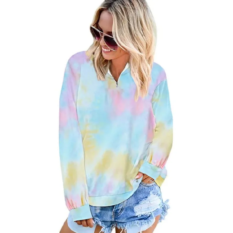 Women's Hoodie Pullover Quarter Zip Tie Dye Bishop Sleeve Elegant