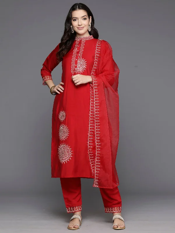 Women Red Embroidered Straight Kurta Trousers With Dupatta Set Trousers Handmade Artisanal Women Red Embroidered Straight Kurta Trousers With Dupatta Set Trousers Handmade Artisanal