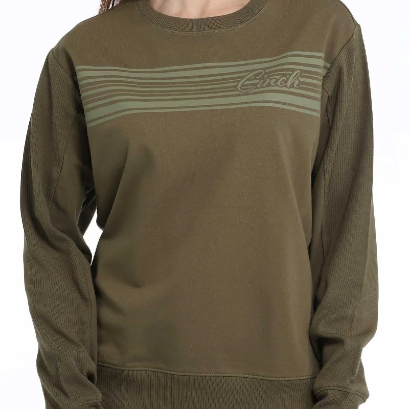 Cinch Women's Logo French Terry Pullover Sweatshirt in Olive Shawl Collar Sweater
