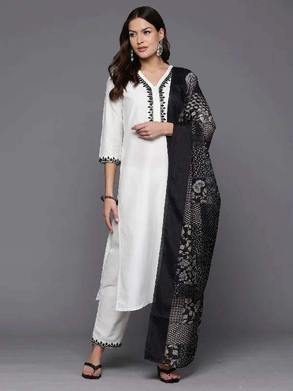 Women White Embroidered Straight Kurta Trousers With Dupatta Set Trousers sophisticated sleek