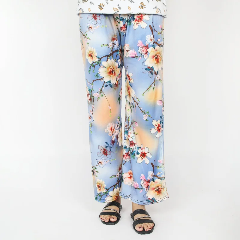 Women's Printed Trouser - Blue High Waist Slim Fit Ankle Length