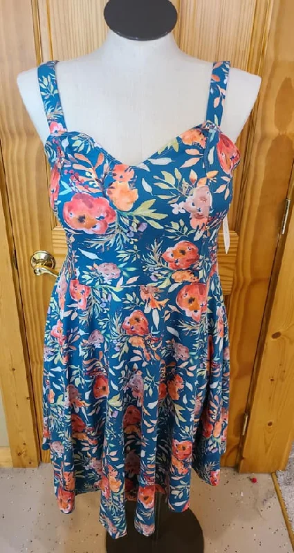 Teal and Coral Floral Sunset Dreams Dress, Size Lg