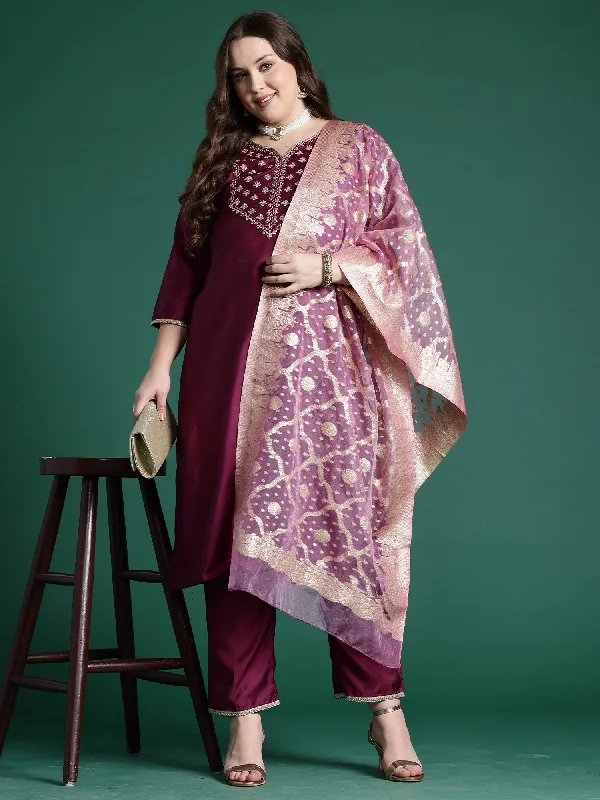 Women Purple Embroidered Straight Kurta Trousers With Dupatta Set Trousers Recommended Stylist Women Purple Embroidered Straight Kurta Trousers With Dupatta Set Trousers Recommended Stylist