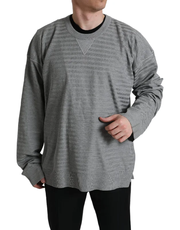 Elegant Gray Striped Silk Crewneck Pullover Batwing Sleeve Top