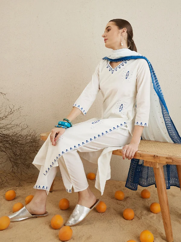 Women Off White Embroidered Straight Kurta Trousers With Dupatta Set Trousers Brand Named Women Off White Embroidered Straight Kurta Trousers With Dupatta Set Trousers Brand Named