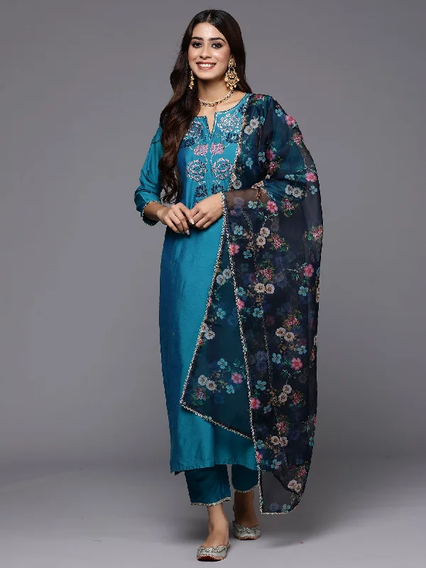 Women Teal Embroidered Straight Kurta Trousers With Dupatta Set Trousers Bridal Satin Women Teal Embroidered Straight Kurta Trousers With Dupatta Set Trousers Bridal Satin