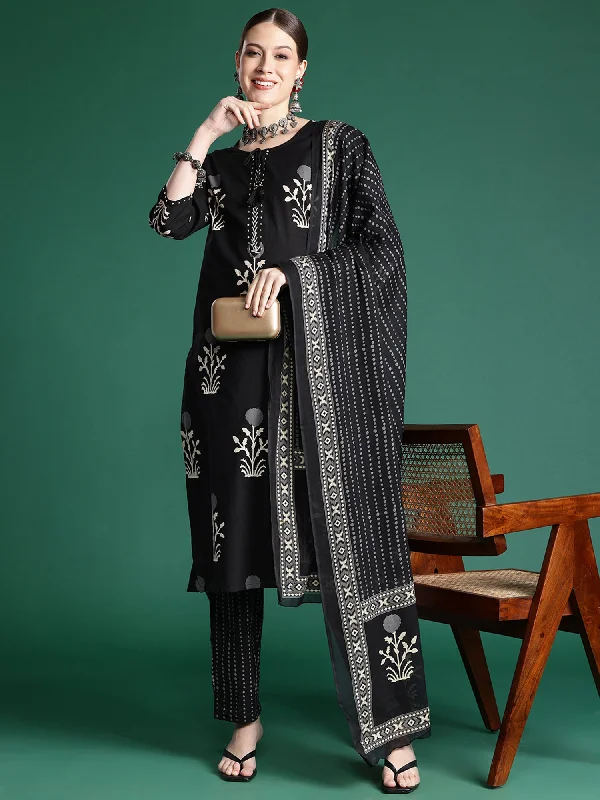 Women Black Printed Straight Kurta Trousers With Dupatta Set Trousers sophisticated sleek Women Black Printed Straight Kurta Trousers With Dupatta Set Trousers sophisticated sleek