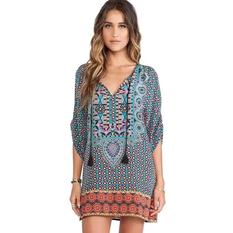 Summer Dress Vintage Loose Print Half Sleeve O-Neck Mini Cotton Natural Color Dresses Summer Dress Vintage Loose Print Half Sleeve O-Neck Mini Cotton Natural Color Dresses