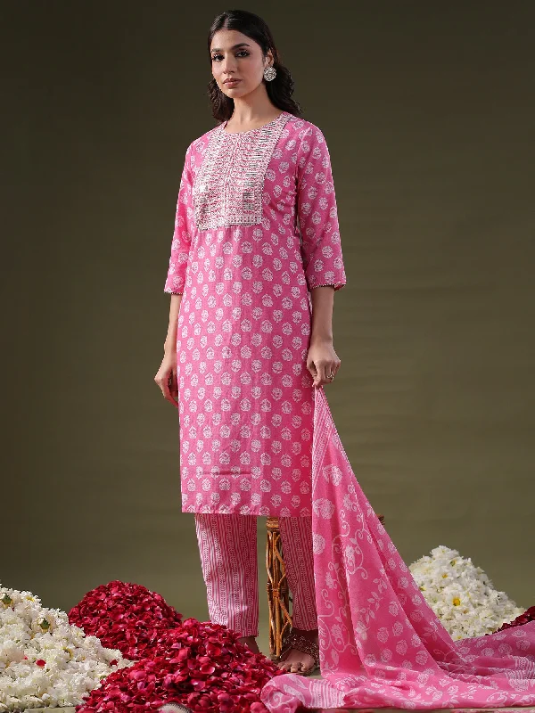 Women Pink Printed Straight Kurta Trousers With Dupatta Set High Waist Slim Fit Ankle Length Women Pink Printed Straight Kurta Trousers With Dupatta Set High Waist Slim Fit Ankle Length
