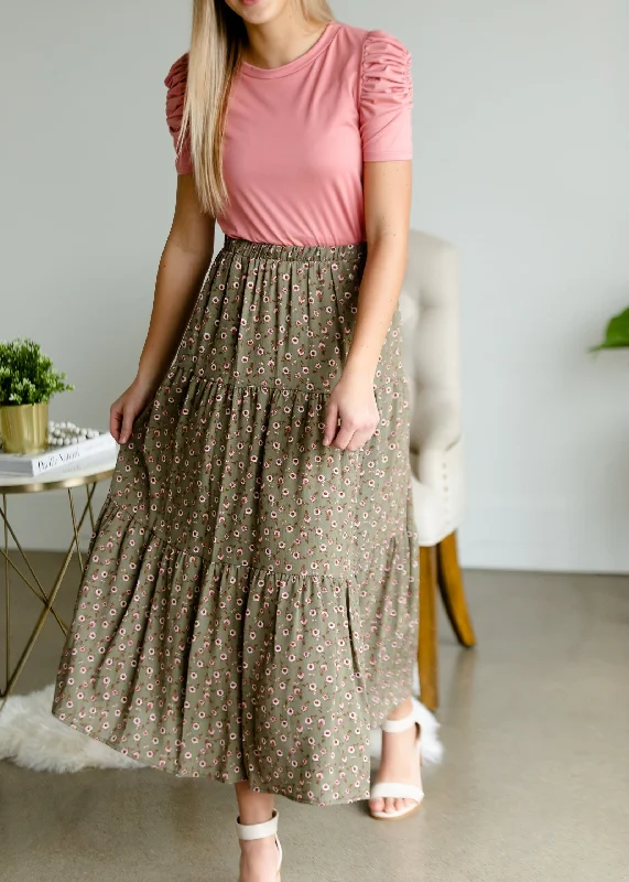 Olive + Blush Floral Tiered Midi Skirt - FINAL SALE satin skirt smooth