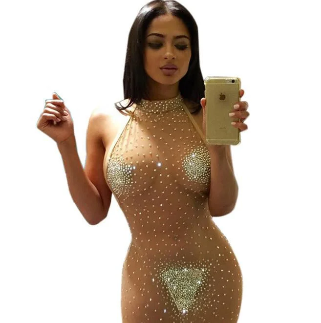 Womens Dresses Party Night Club Dress Mesh Diamonds O Neck Bodycon Women Khaki Dress ClubWear Womens Dresses Party Night Club Dress Mesh Diamonds O Neck Bodycon Women Khaki Dress ClubWear