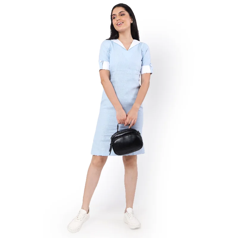 Hemp V Neck  Dress Blue
