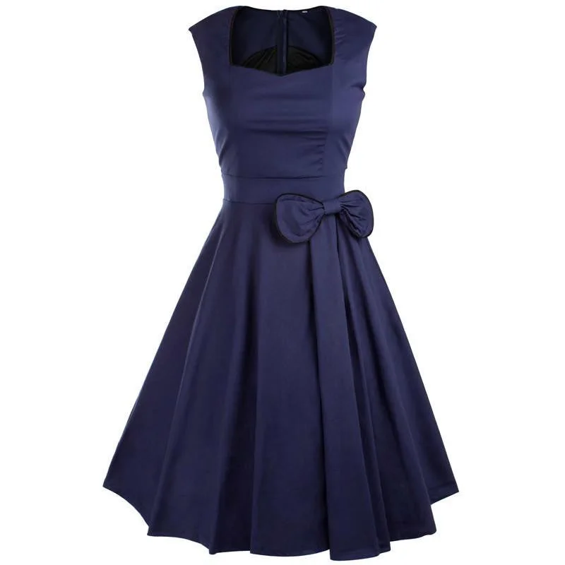 Viifaa Women Bow Vintage Dress Summer Evening Retro Party Elegant Cotton Black Rockabilly 1950s Swing Dresses Viifaa Women Bow Vintage Dress Summer Evening Retro Party Elegant Cotton Black Rockabilly 1950s Swing Dresses