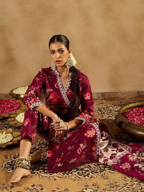 Women Burgundy Printed Straight Kurta Trousers With Dupatta Set Trousers fashionable trendy Women Burgundy Printed Straight Kurta Trousers With Dupatta Set Trousers fashionable trendy