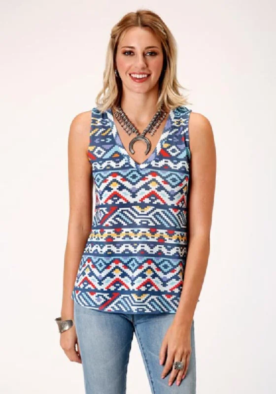 Women's Roper Aztec Print Sleeveless Shirt V Neck Tank Top bright tank top