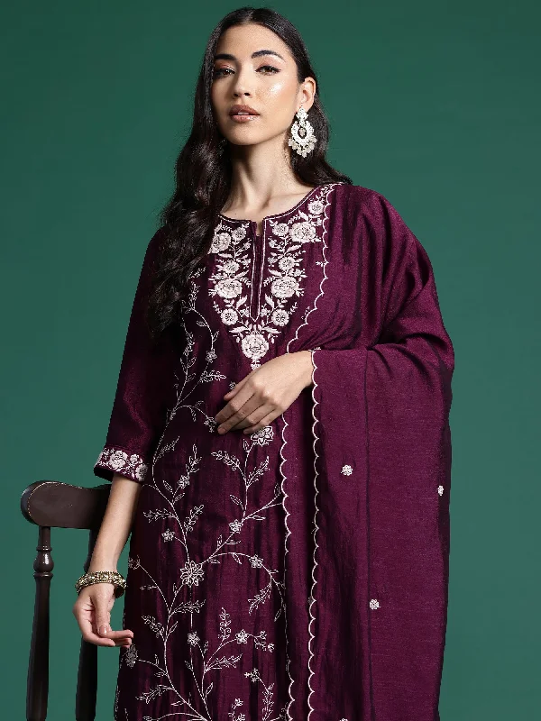 Women Burgandy Straight Embroidered Kurta Trousers With Dupatta Set Trousers practical durable Women Burgandy Straight Embroidered Kurta Trousers With Dupatta Set Trousers practical durable