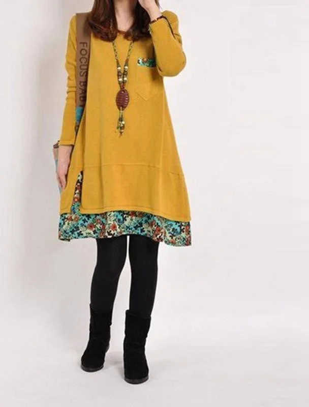 Women Casual Vintage Dress Ladies Leisure Loose Floral Hem O Neck Long Sleeve Cotton Bottoming Dress Plus Size M-XXL Women Casual Vintage Dress Ladies Leisure Loose Floral Hem O Neck Long Sleeve Cotton Bottoming Dress Plus Size M-XXL