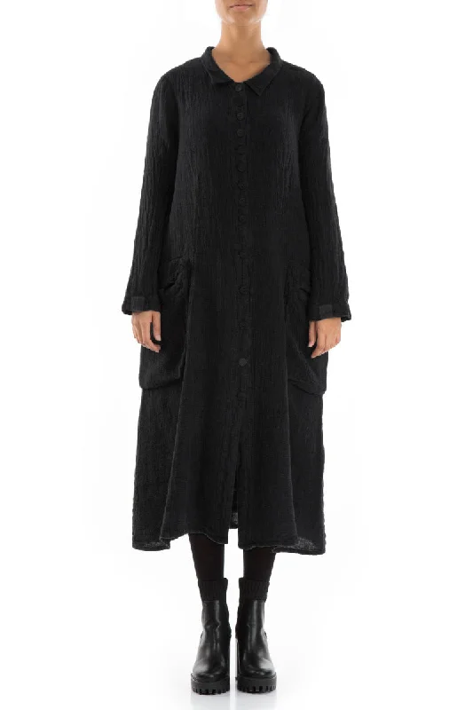 Stylish Long Black Mélange Linen Jacket Jacket Blazer Coat