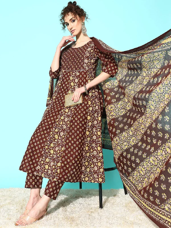 Women's Brown Ethnic Printed Anarkali Kurta With Trouser And Dupatta - Nayo Clothing Trousers Wedding White Women's Brown Ethnic Printed Anarkali Kurta With Trouser And Dupatta - Nayo Clothing Trousers Wedding White