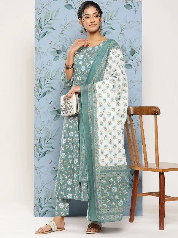 Women's Green Floral Printed Anarkali Kurta With Trouser and Dupatta - Nayo Clothing Trousers Yoga Stretchy Women's Green Floral Printed Anarkali Kurta With Trouser and Dupatta - Nayo Clothing Trousers Yoga Stretchy