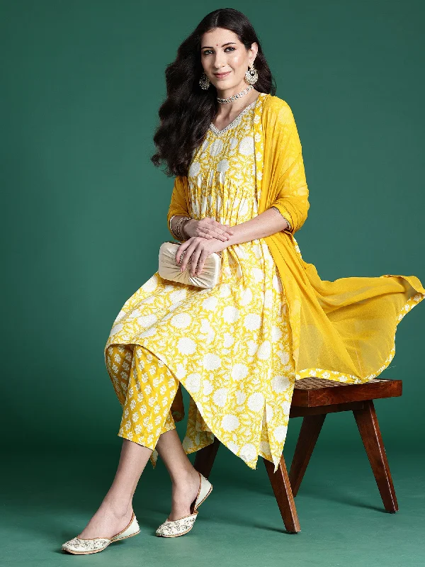 Women Yellow Printed A-Line Kurta Trousers With Dupatta Set Trousers Fleece Cozy