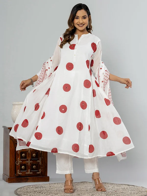 Women Off White Printed A-Line Kurta Trousers With Dupatta Set Trousers Custom Made