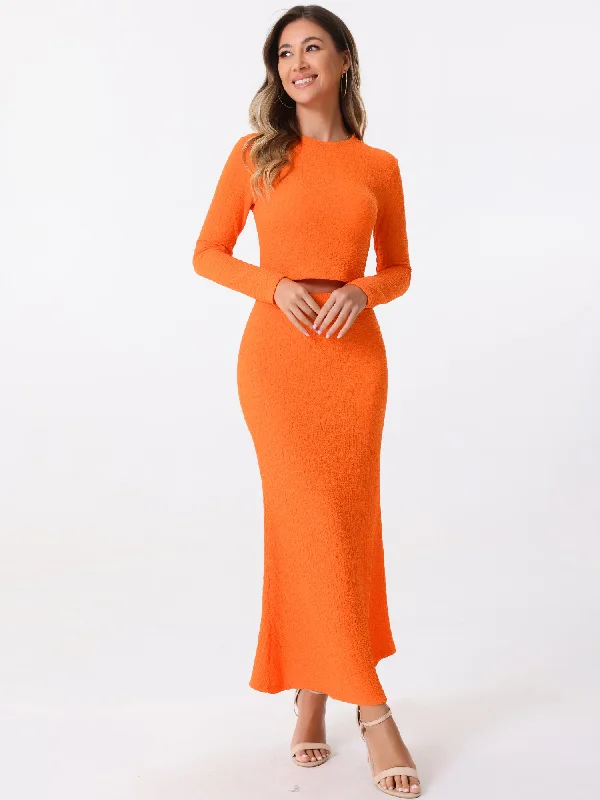 2 Pieces Long Sleeve Textured Cropped Top & High Waist Mermaid Fishtail Maxi Skirt Set corduroy skirt durable