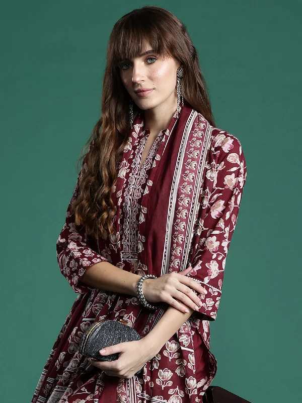Women Maroon Printed Straight Kurta Trousers With Dupatta Set Trousers Lace Delicate Women Maroon Printed Straight Kurta Trousers With Dupatta Set Trousers Lace Delicate