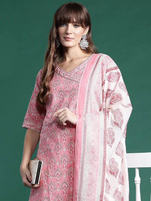 Women Pink Printed A-Line Kurta Trousers With Dupatta Set Trousers Versatile Stylish Women Pink Printed A-Line Kurta Trousers With Dupatta Set Trousers Versatile Stylish