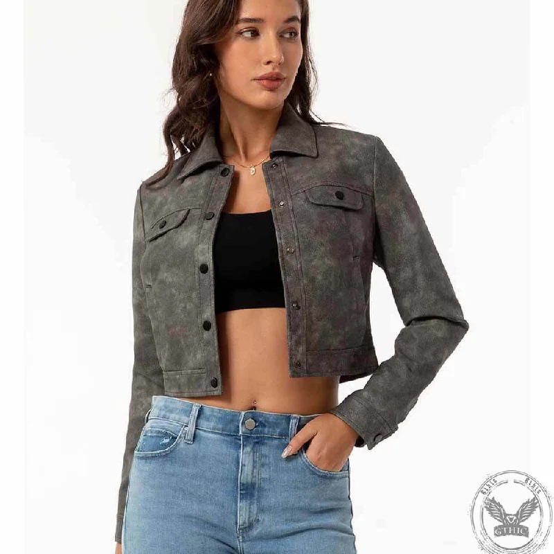 Punk Lapel Button Cropped Jacket Welt Pockets Slit Pockets Flap Pockets