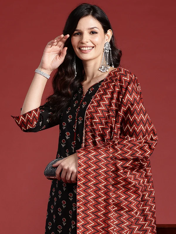 Women Black Printed Straight Kurta Trousers With Dupatta Set Trousers Travel Practical Women Black Printed Straight Kurta Trousers With Dupatta Set Trousers Travel Practical