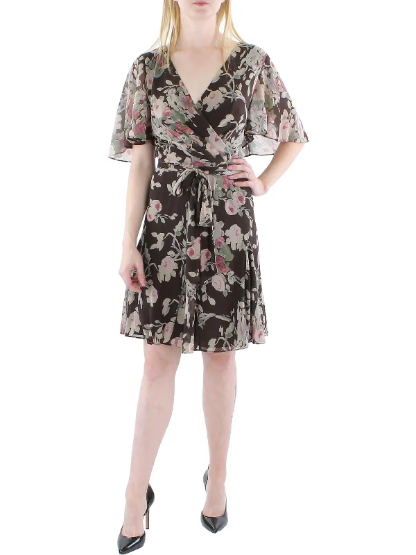 Georgette Womens Surplice Mini Fit & Flare Dress