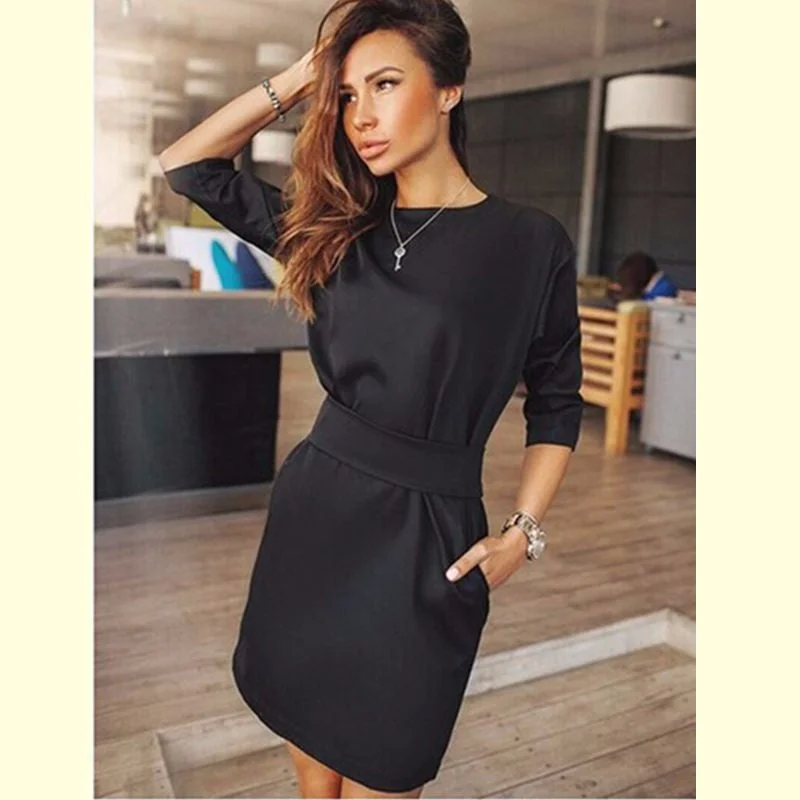 Autumn Summer Fashion Women black Dress Haif Sleeve O-Neck ukraine Sashes Office bodycon Elegant dress