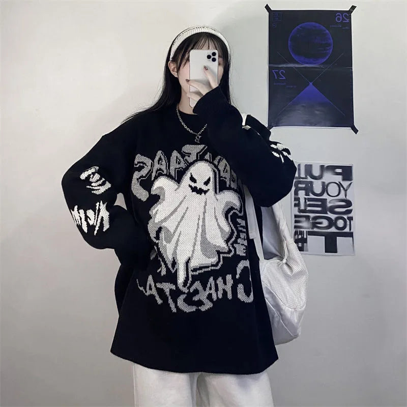 Vintage Horror Sweater - Oversized Cartoon Halloween Print Pullover Open Front Cardigan Vintage Horror Sweater - Oversized Cartoon Halloween Print Pullover Open Front Cardigan