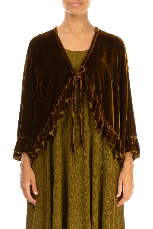 Ruffled Tie-Up Golden Olive Silk Velvet Jacket Jacket Blazer Coat