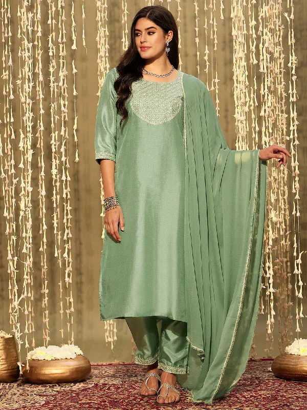 Women Green Embroidered Straight Kurta Trousers With Dupatta Set Trousers trendy modern Women Green Embroidered Straight Kurta Trousers With Dupatta Set Trousers trendy modern
