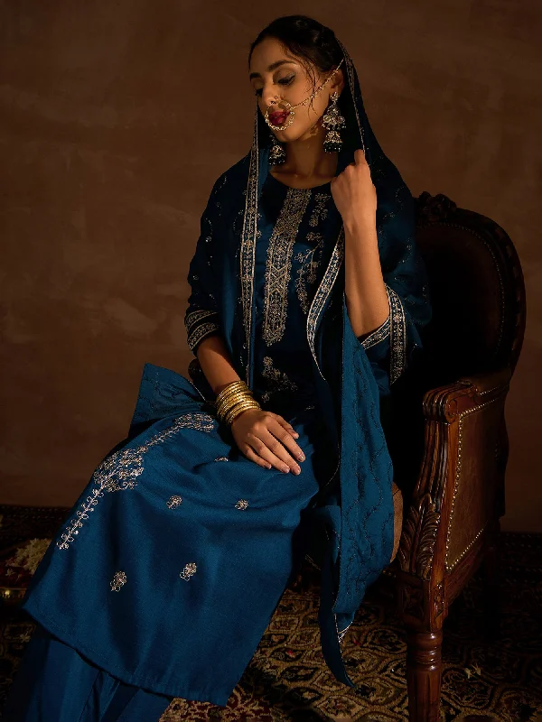 Women Teal Embroidered Straight Kurta Trousers With Dupatta Set Trousers Vintage Classic Women Teal Embroidered Straight Kurta Trousers With Dupatta Set Trousers Vintage Classic