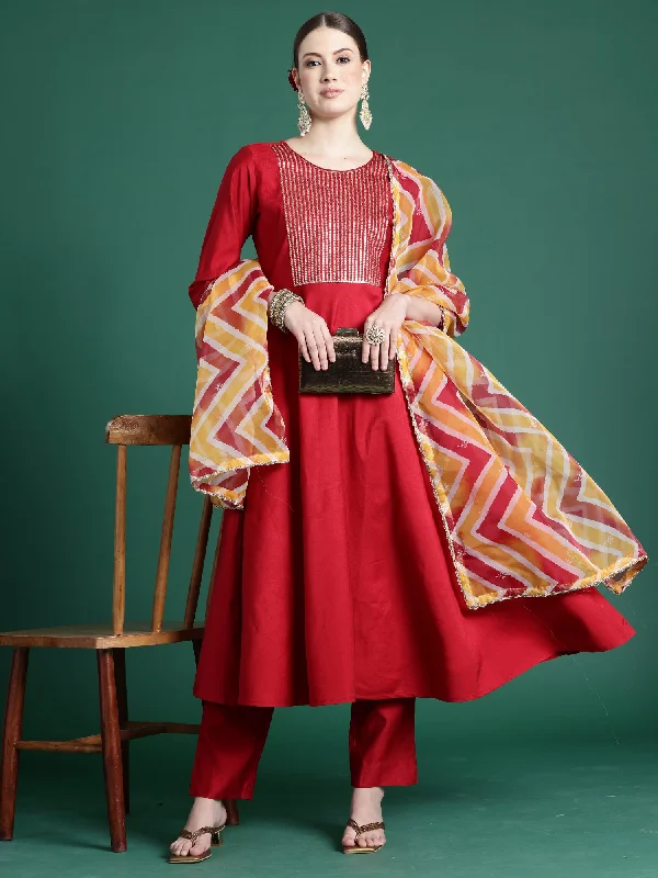 Women Red Embroidered A-Line Kurta Trousers With Dupatta Set Cropped Trousers Casual Linen Women Red Embroidered A-Line Kurta Trousers With Dupatta Set Cropped Trousers Casual Linen