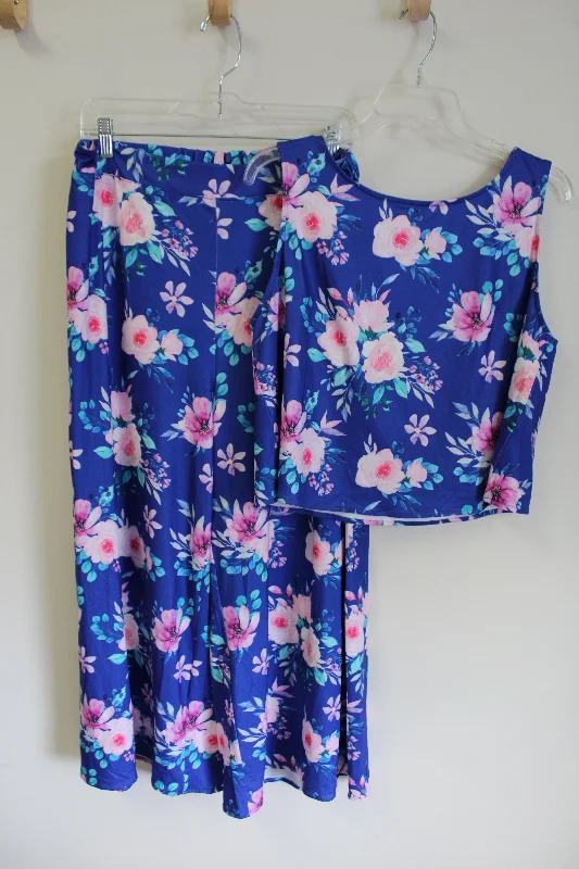 Roylamp Blue Floral 2 Piece Tank Capri Outfit | L high neck tank