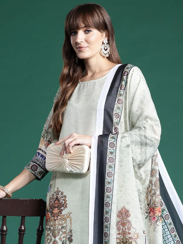Women Green Printed Straight Kurta Trousers With Dupatta Set Trousers Spring Floral