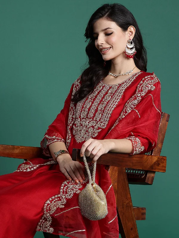 Women Red Embroidered Straight Kurta Trousers With Dupatta Set Trousers Satin Smooth Women Red Embroidered Straight Kurta Trousers With Dupatta Set Trousers Satin Smooth