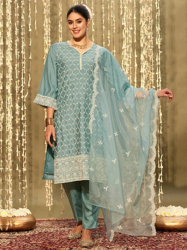Women Blue Embroidered Straight Kurta Trousers With Dupatta Set Trousers sophisticated sleek Women Blue Embroidered Straight Kurta Trousers With Dupatta Set Trousers sophisticated sleek