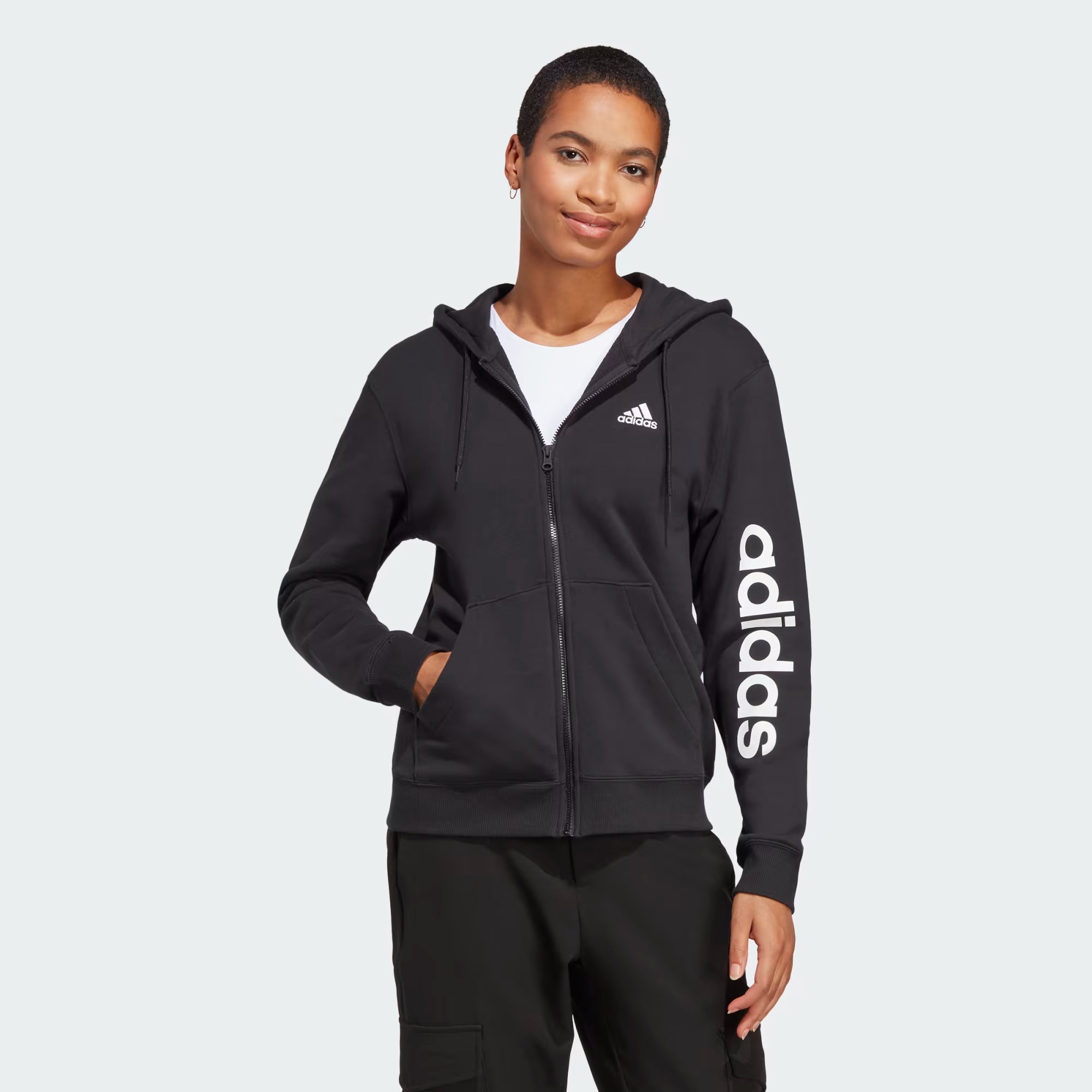 Adidas Essentials Linear Full-Zip French Terry Hoodie - Women Hoodie with Cropped Fit Short Trendy Adidas Essentials Linear Full-Zip French Terry Hoodie - Women Hoodie with Cropped Fit Short Trendy