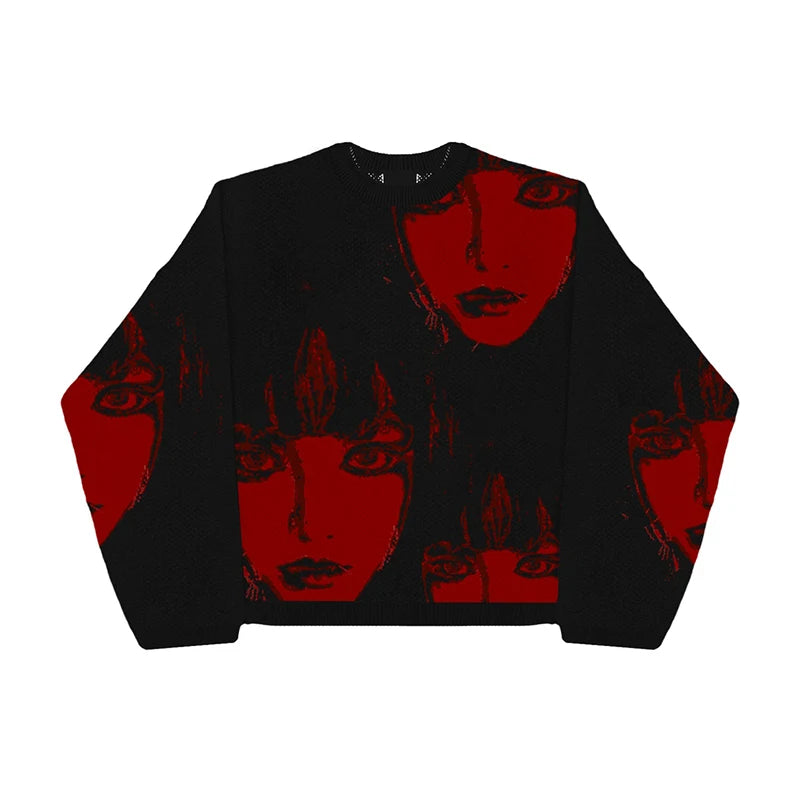 Vintage Ukiyo-e Knit Sweater - Gothic Streetwear Pullover V-Neck Stylish Pullover